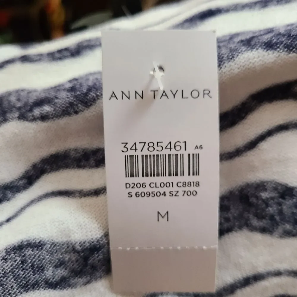 ANN TAYLOR Size Medium Navy White Stripe Cropped Open Front Cardigan Sweater NEW